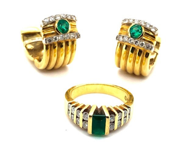 Ladies emerald ring and clip-hoop earrings