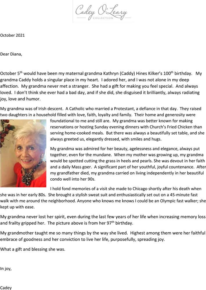 a letter from a client telling the story her Grandmother